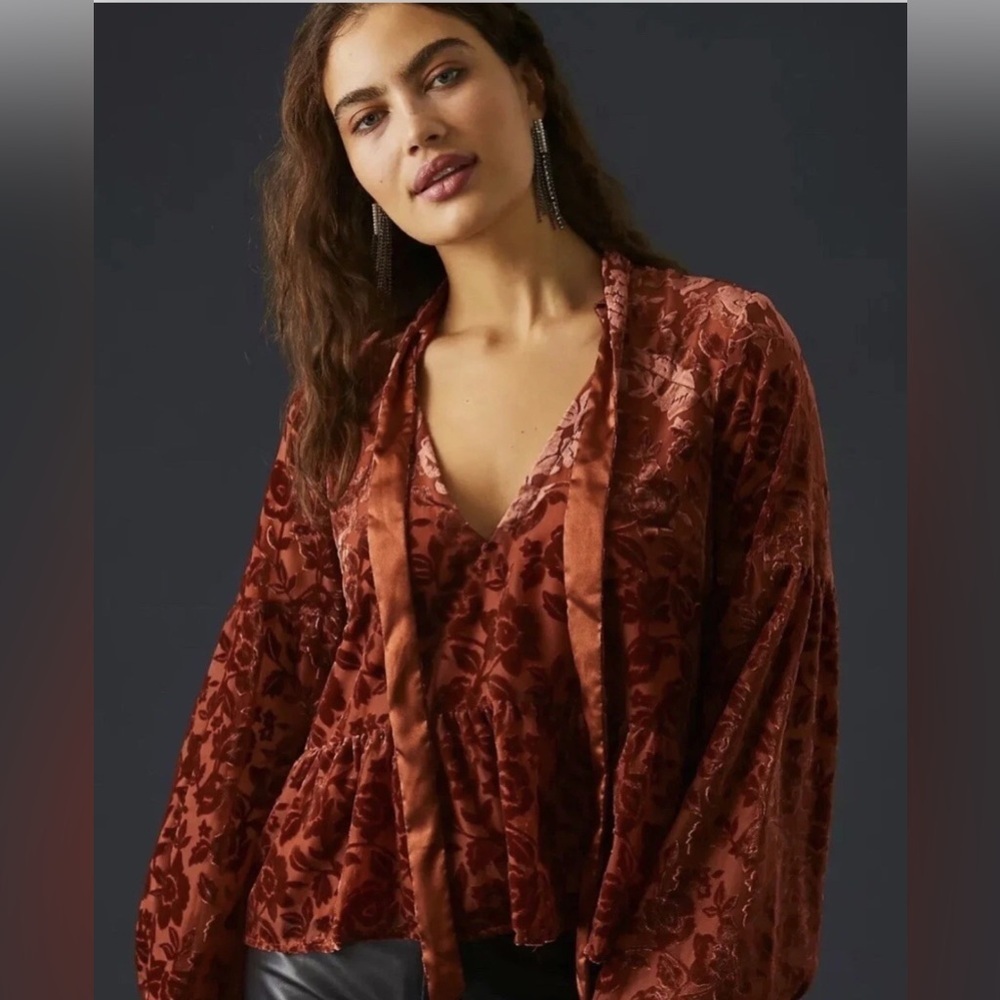 Anthropologie Rust Red Velvet Tie Front Blouse with Relaxed Sleeves - Picture 9 of 10